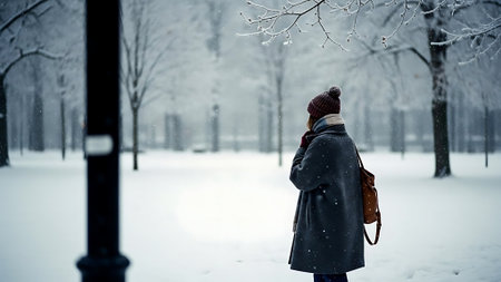 A young woman is walking in a snowy park. Winter landscape.の素材