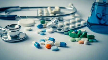 Medical stethoscope and pills on a white background. Selective focus. Toned.の素材