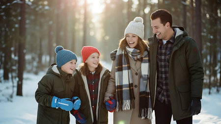 Happy family walking in winter forest. Mother, father and children spending time together.の素材