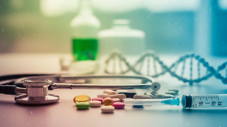 Stethoscope, syringe and pills on the table, medical conceptの素材