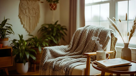 Cozy living room with armchair, coffee cup, plaid, potted plant and crockeryの素材