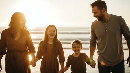 Portrait of happy family holding hands and walking on beach at sunsetの素材