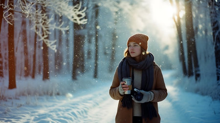 Beautiful young woman with cup of hot drink in winter forest.の素材