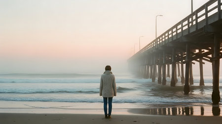 Person Standing Alone on Beach Near Pier at Sunriseの素材