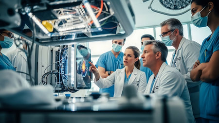 Team of medical doctors working in modern operating room. Medical team using x-ray machine.の素材