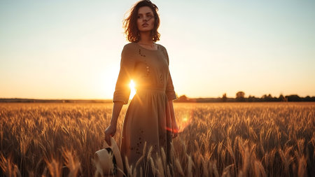 Beautiful girl in a wheat field at sunset. Beauty, fashion.の素材