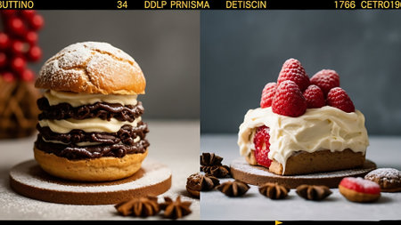 Collage of three different types of cakes on a gray background.の素材