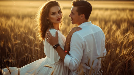 Beautiful couple in a wheat field at sunset. Romantic date.の素材