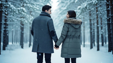 Young couple in love in the winter forest. A man and a woman walk in the snow.の素材
