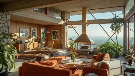 Interior of a living room with a panoramic view of the seaの素材
