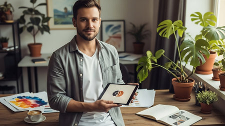 Handsome young man holding digital tablet and looking at camera while working in officeの素材