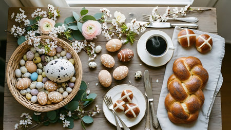 Easter table setting with eggs, croissants and a cup of coffeeの素材