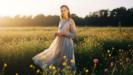 Beautiful young woman in long dress on a meadow at sunsetの素材