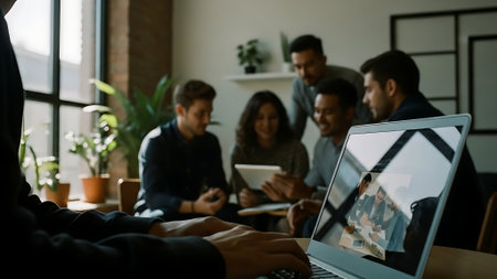 Group of business people working together in modern office. Selective focus.の素材