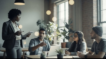 Group of young multiethnic business people in smart casual wear using mobile phone and laptop while working in creative office.の素材