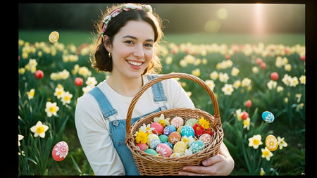 Happy young woman with basket of easter eggs in spring field.の素材