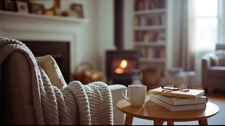 Cozy living room with books, coffee cup and warm plaidの素材