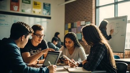 Group of young students studying together at the university. Education concept.の素材