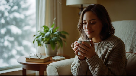 Beautiful young woman with cup of tea or coffee at home.の素材