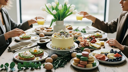Elegant wedding buffet with variety of delicious sweets and desserts.の素材