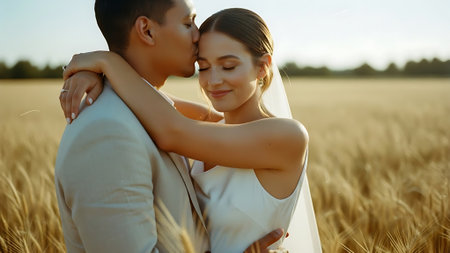Beautiful bride and groom in wheat field at sunset. Wedding couple in loveの素材