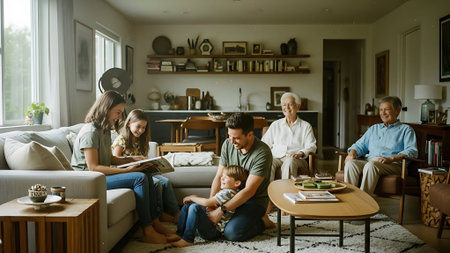 Happy family spending time together at home, sitting on the floor and reading a bookの素材