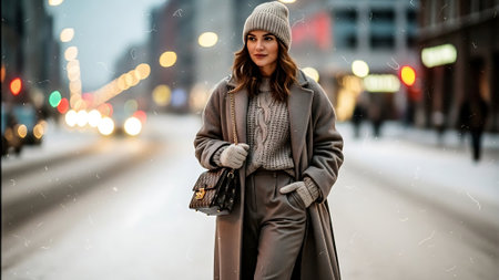 Beautiful young woman in winter coat and hat walking on the streetの素材
