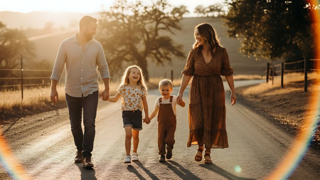 Happy family walking on the road in the countryside at sunset. Mother, father and their children spending time together.の素材