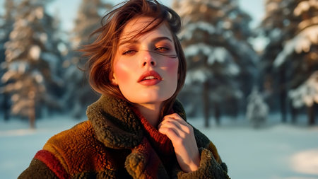 Beautiful young woman in the winter forest. Beauty, fashion.の素材