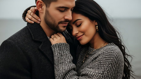 beautiful young couple hugging and looking at each other on blurred backgroundの素材