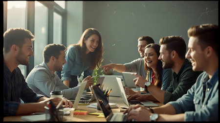 business, technology and office concept - group of smiling creative designers working in officeの素材