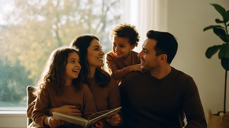 Happy family reading a book together at home. Mother, father and children having fun together.の素材
