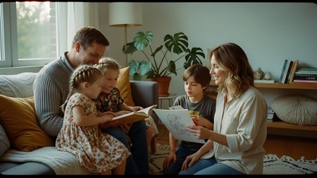 Happy family reading book together at home. Mother, father and children.の素材
