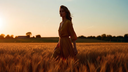 Beautiful young woman walking through a wheat field at sunset. Beauty, fashion.の素材
