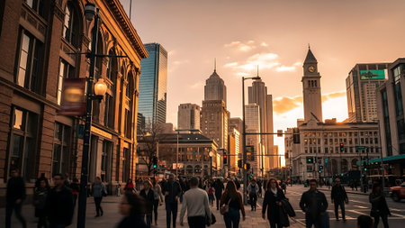 People walking on the streets of Chicago at sunsetの素材