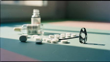 medicine pills and ampoules on the table in the hospitalの素材