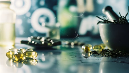 Pharmaceutical medicine pills and capsules on table with mirror reflection.の素材
