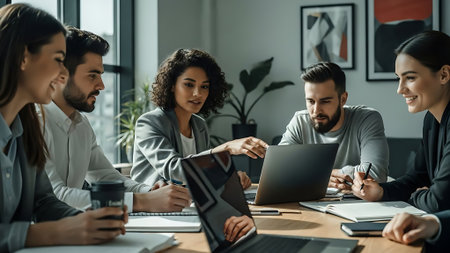 Multiethnic group of business people working together in modern office.の素材