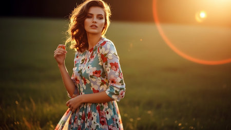 Beautiful young brunette woman in a flowery dress in the field at sunsetの素材