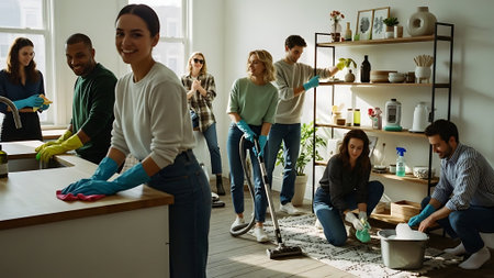 Group of happy young people cleaning the kitchen at home. Cleaning service conceptの素材