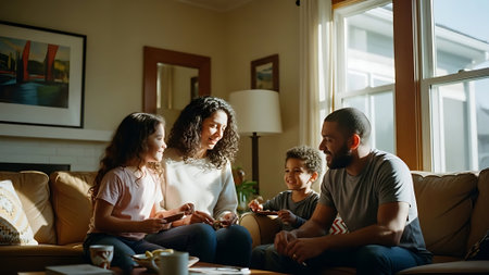 Happy family playing video games at home. Mother, father and children spending time together.の素材