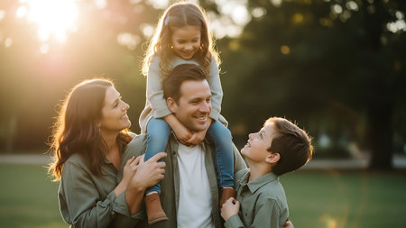 happy family with little daughter piggybacking on shoulders in parkの素材