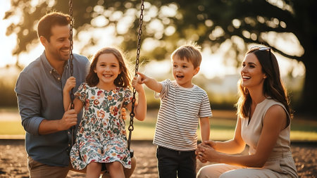 Happy family having fun on a swing in the park at sunset.の素材