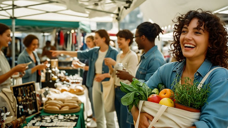 Smiling young woman holding basket with fresh vegetables and fruits while standing in marketの素材