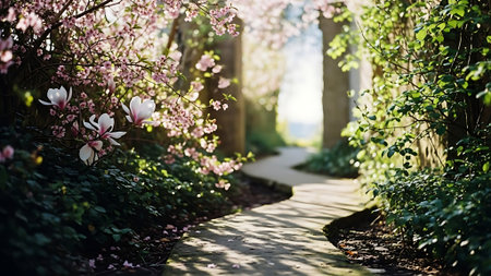Magnolia tree blooming in the garden in spring time. Beautiful nature background.の素材