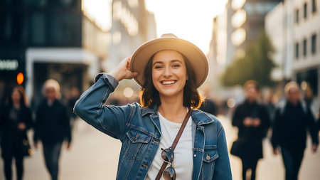 Portrait of a smiling young woman in hat walking on the streetの素材