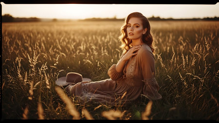 Beautiful girl in a wheat field at sunset. Fashion shot.の素材