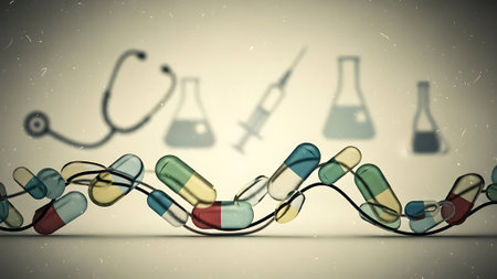 Digital composite of Colorful pills and syringes against grey backgroundの素材
