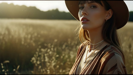 Fashionable young woman in hat and coat posing in wheat field at sunsetの素材