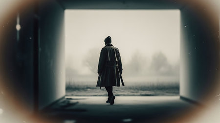 Mysterious silhouette of a man in a dark trench coat.の素材